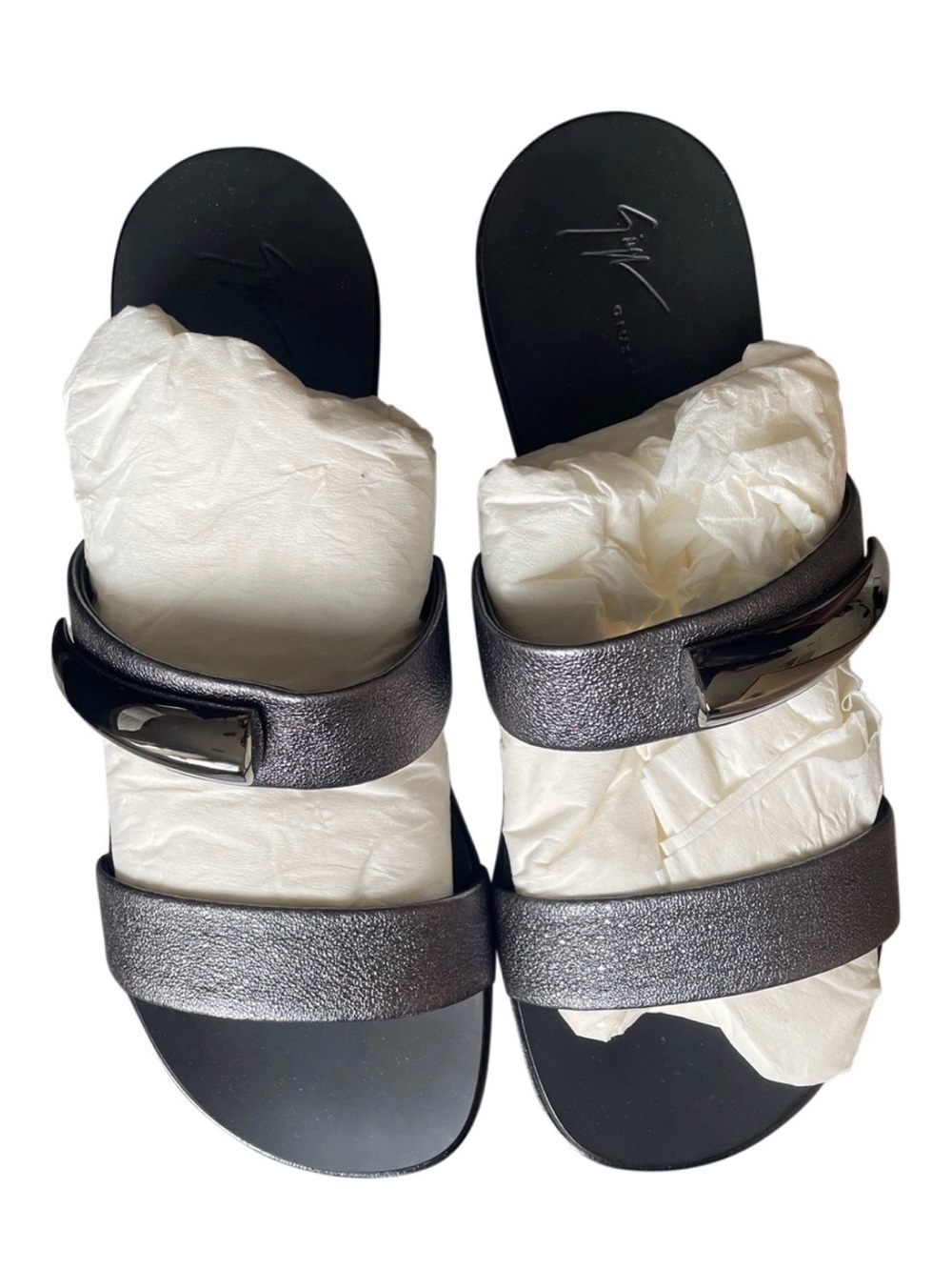 Giuseppe Zanotti Metallic Pewter Double-Strap Slide Sandals